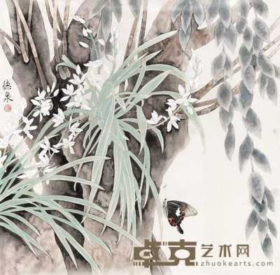 张德泉 工笔花卉 镜心 66×66cm